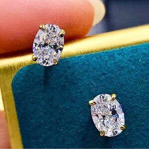 Gold Oval Cubic Zircon Stud Earrings, Wedding, Bridal, Anniversary